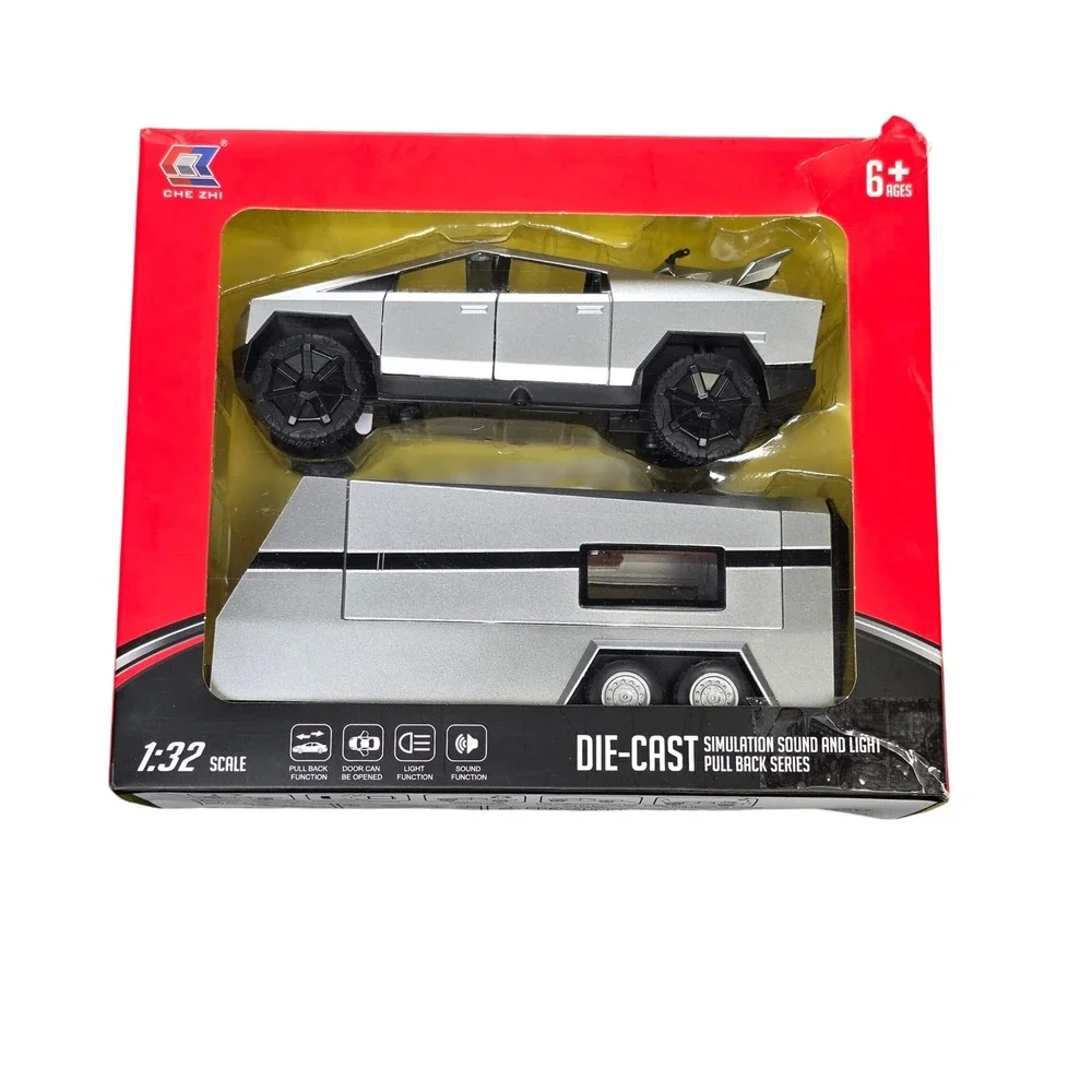 Che Zhi Die-Cast Cybertruck w/ ATV & RV Trailer 1:32 Silver Metallic Finish NIB